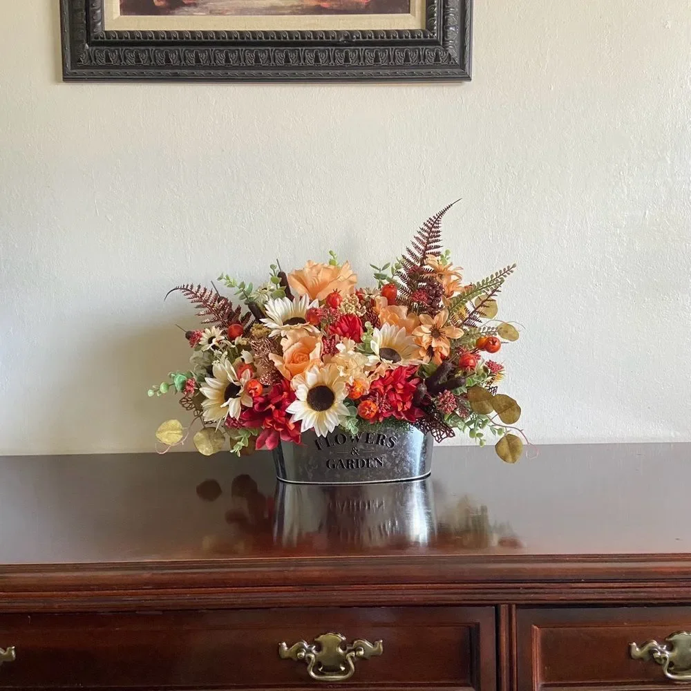 Faux Floral Bouquet With Peach Roses/Cream Sunflowers